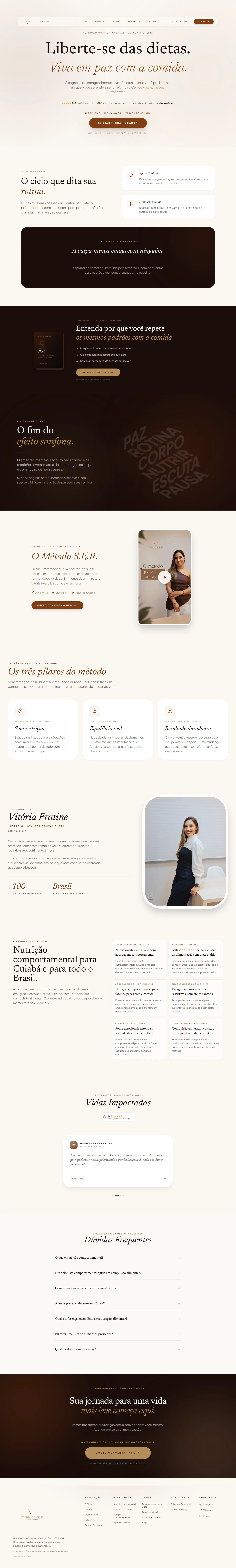 Página completa do site da nutricionista Vitória Fratine, do posicionamento ao método, depoimentos e agendamento
